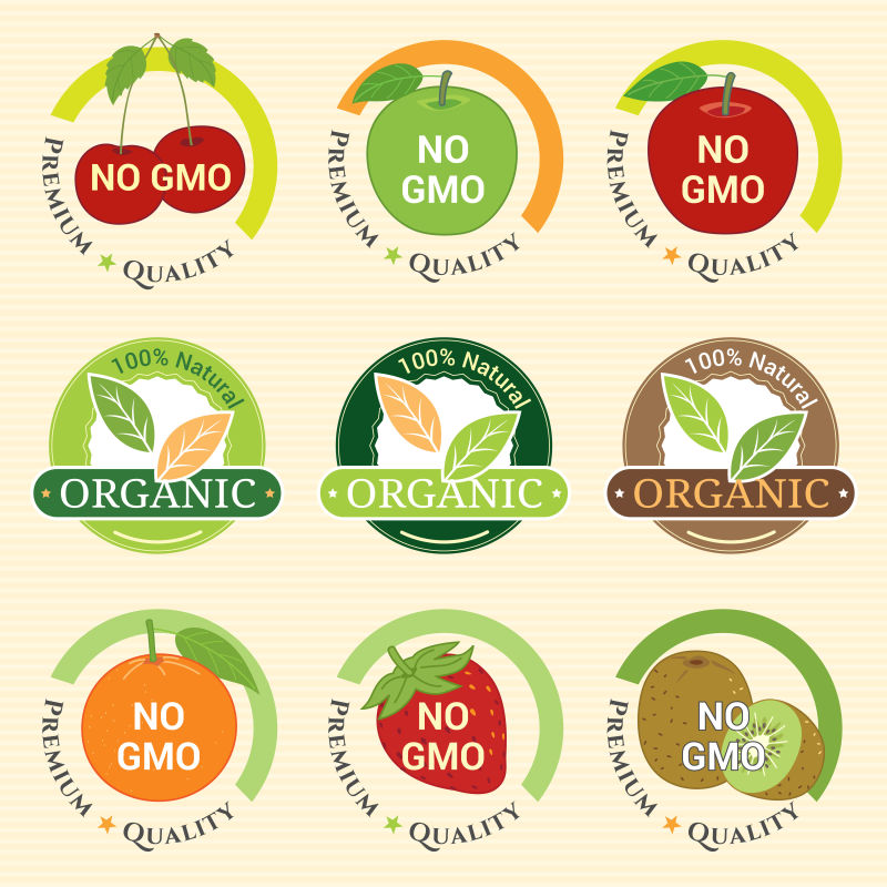 矢量非转基因食品和有机标签水果