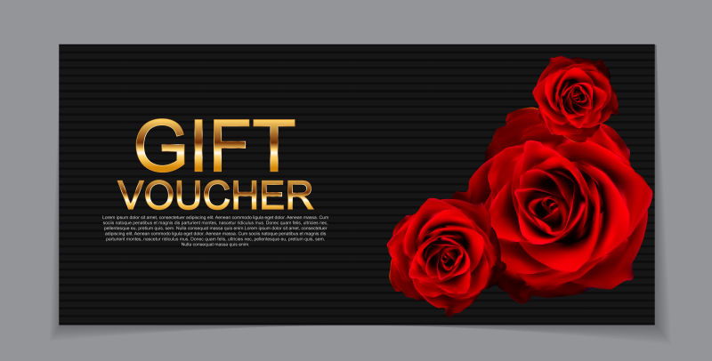红色玫瑰花金色字体的优惠券样板矢量