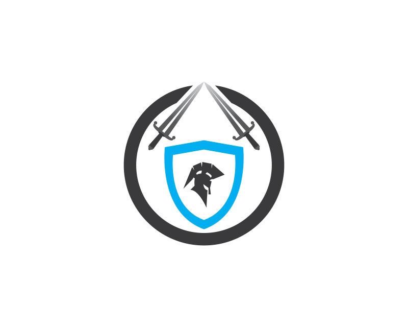黑色圆圈和两把宝剑的盾徽安全标志矢量