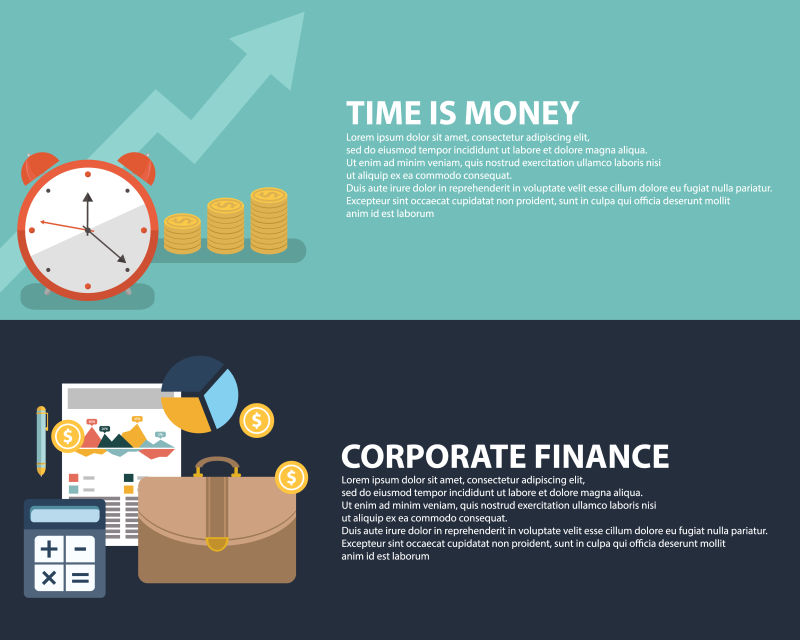 矢量扁平式商业时间是金钱信息学的概念和会计金融