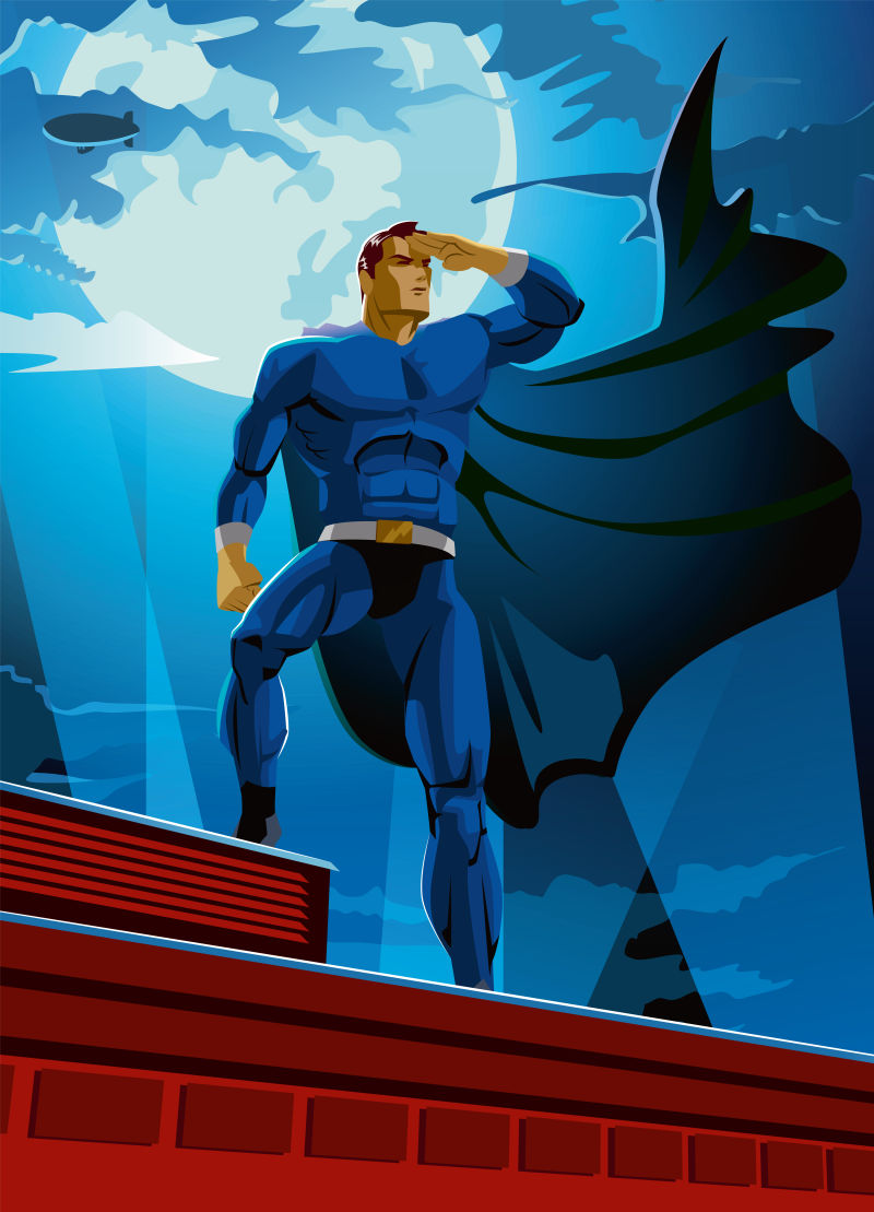 屋顶上的超级英雄矢量插图