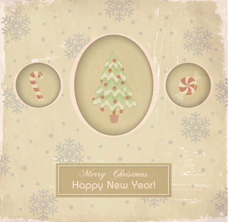 矢量老旧圣诞节背景上的圣诞树和拐杖糖果