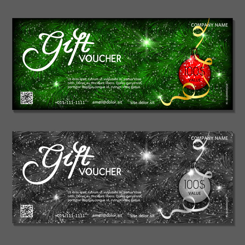 绿色和黑色带有装饰彩球的礼品券样板矢量