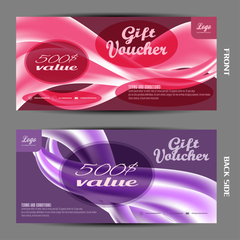 粉色和紫色的波浪元素的礼品券样板矢量