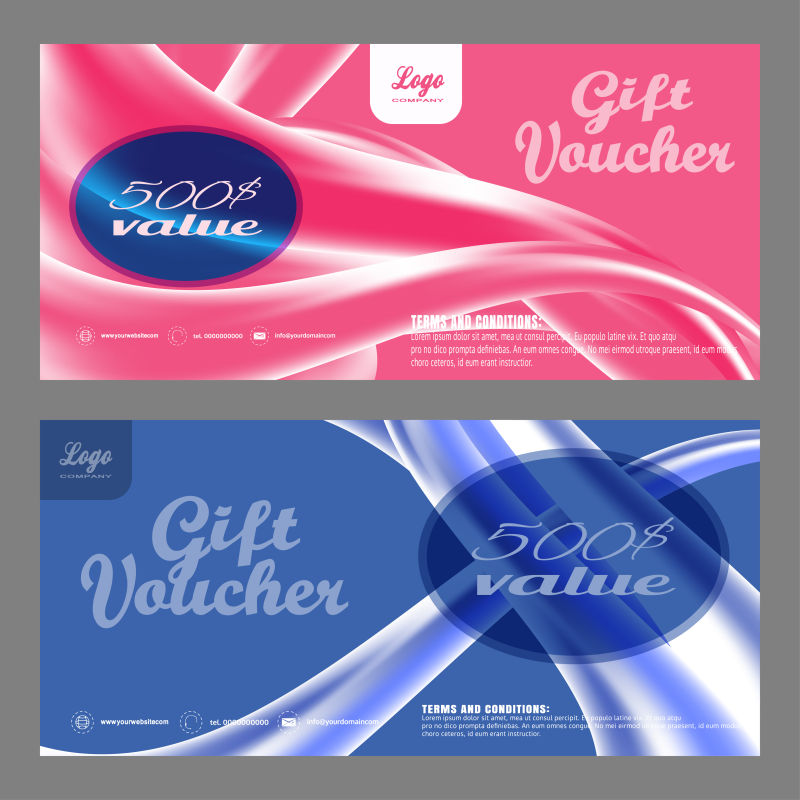 粉色和紫色波浪元素的礼品券样板矢量