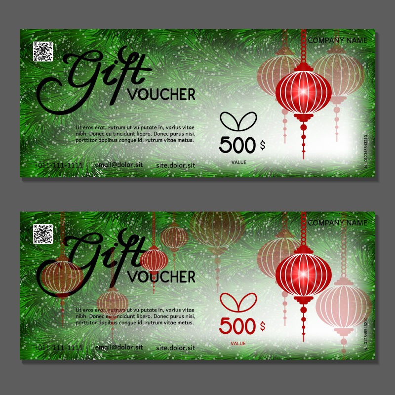 绿色和红色灯笼元素的礼品券样板矢量设计