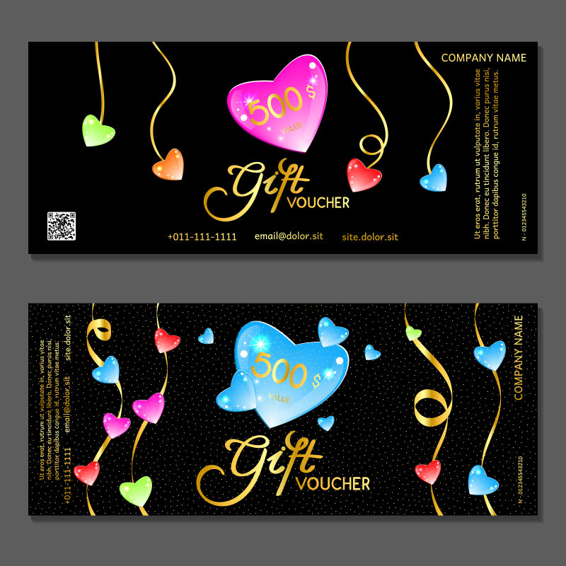 漂亮多彩的心形图案优惠券样板矢量