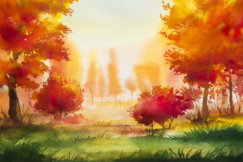 矢量迷人的秋天风景水彩插图