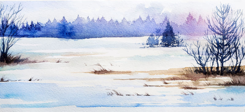 矢量抽象冬季景观水彩插图