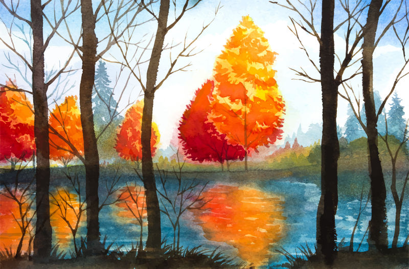 创意矢量水彩风格的秋天景色