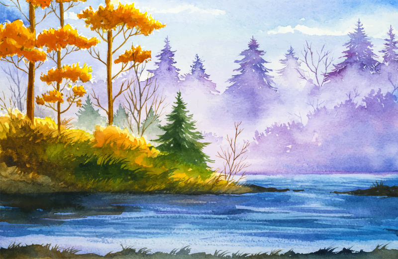 矢量水彩秋季景观插图