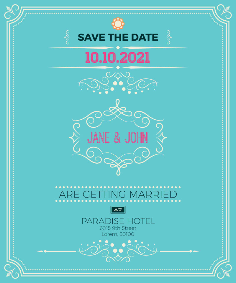 创意矢量蓝色老式婚礼邀请卡设计