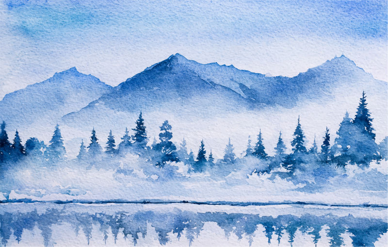 水彩风格的冬季景观矢量插图