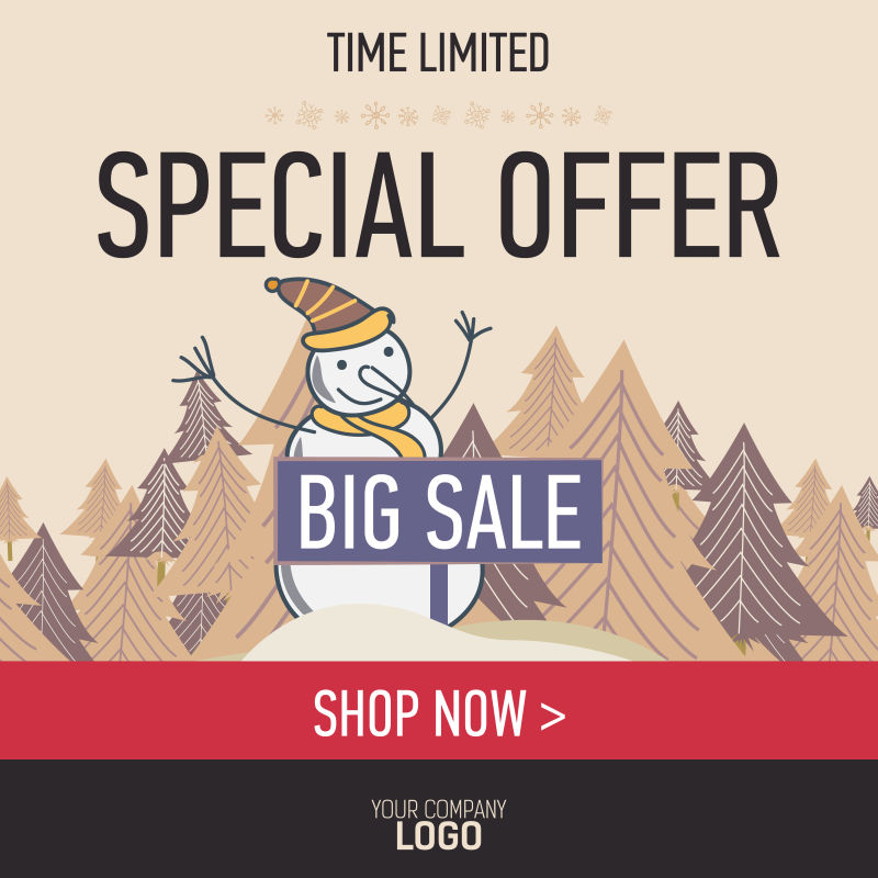 黄色网页横幅和海报大冬销售和特别优惠雪人矢量
