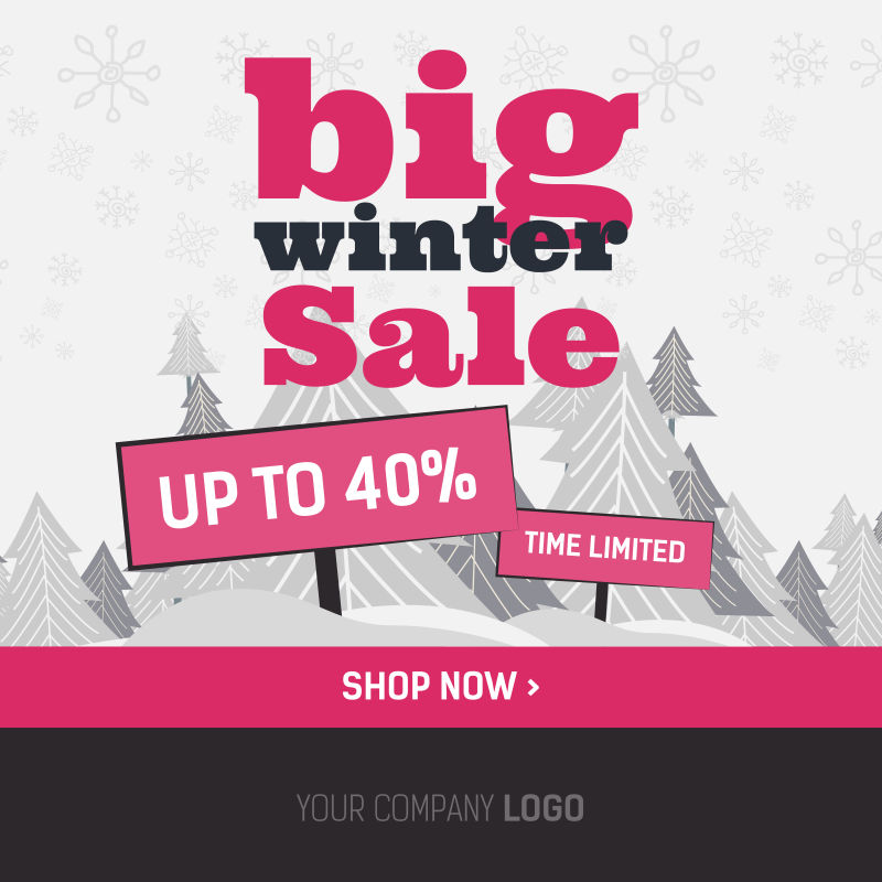粉色的网页横幅和海报大冬销售和特别优惠雪人矢量