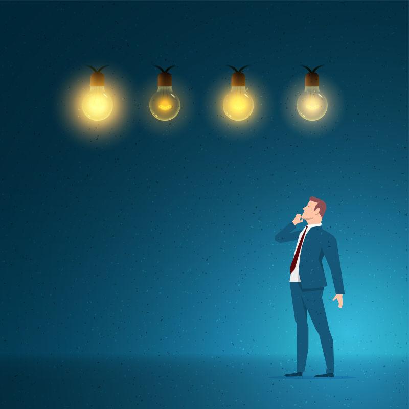 矢量商人盯着电灯泡思考