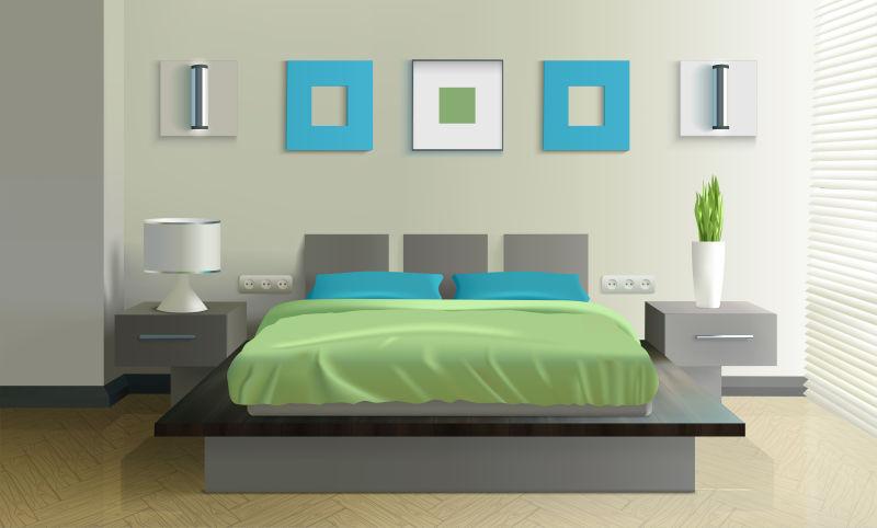 现代卧室逼真设计与床花瓶灯现实矢量插图