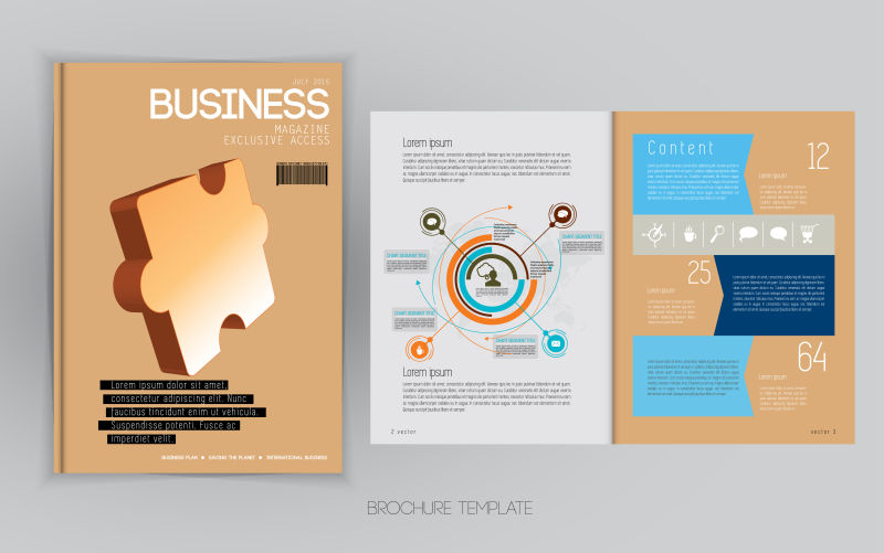 矢量创意拼图元素的商业杂志页面