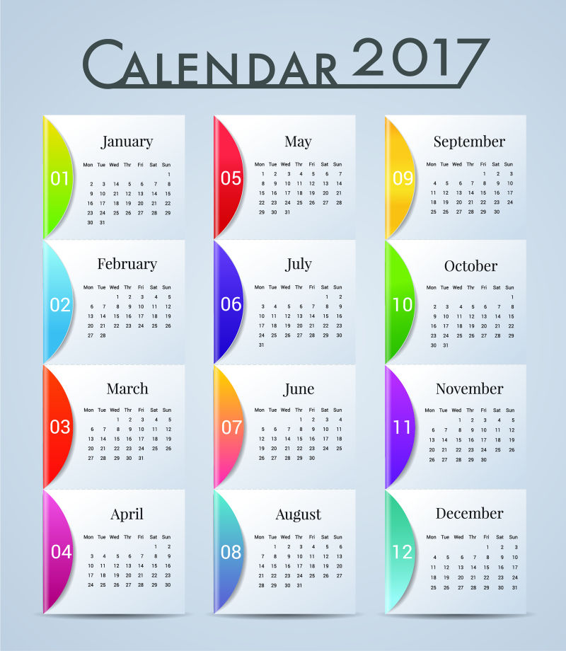 矢量12个月12个颜色2017日历设计图片