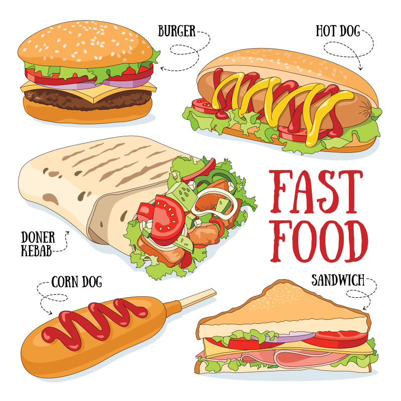 创意矢量快餐菜单平面图标设计