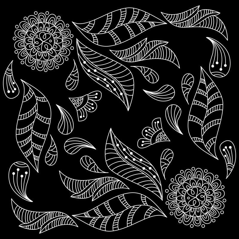 矢量黑白版式版面印花花和叶抽象图案