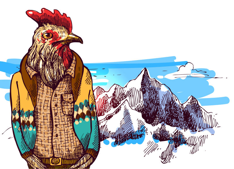 在山上穿编织毛衣的公鸡矢量插图