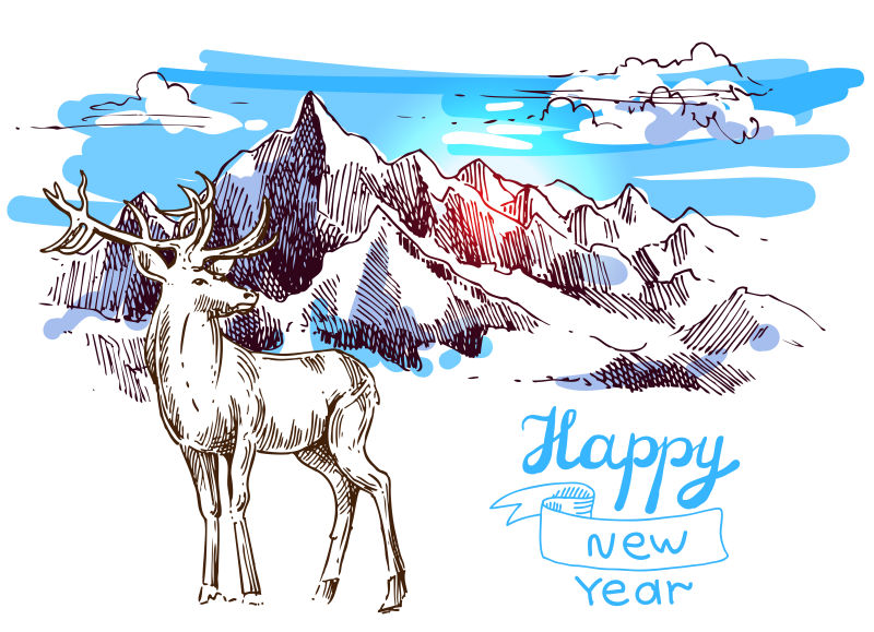 手绘雪山上的圣诞鹿矢量插图