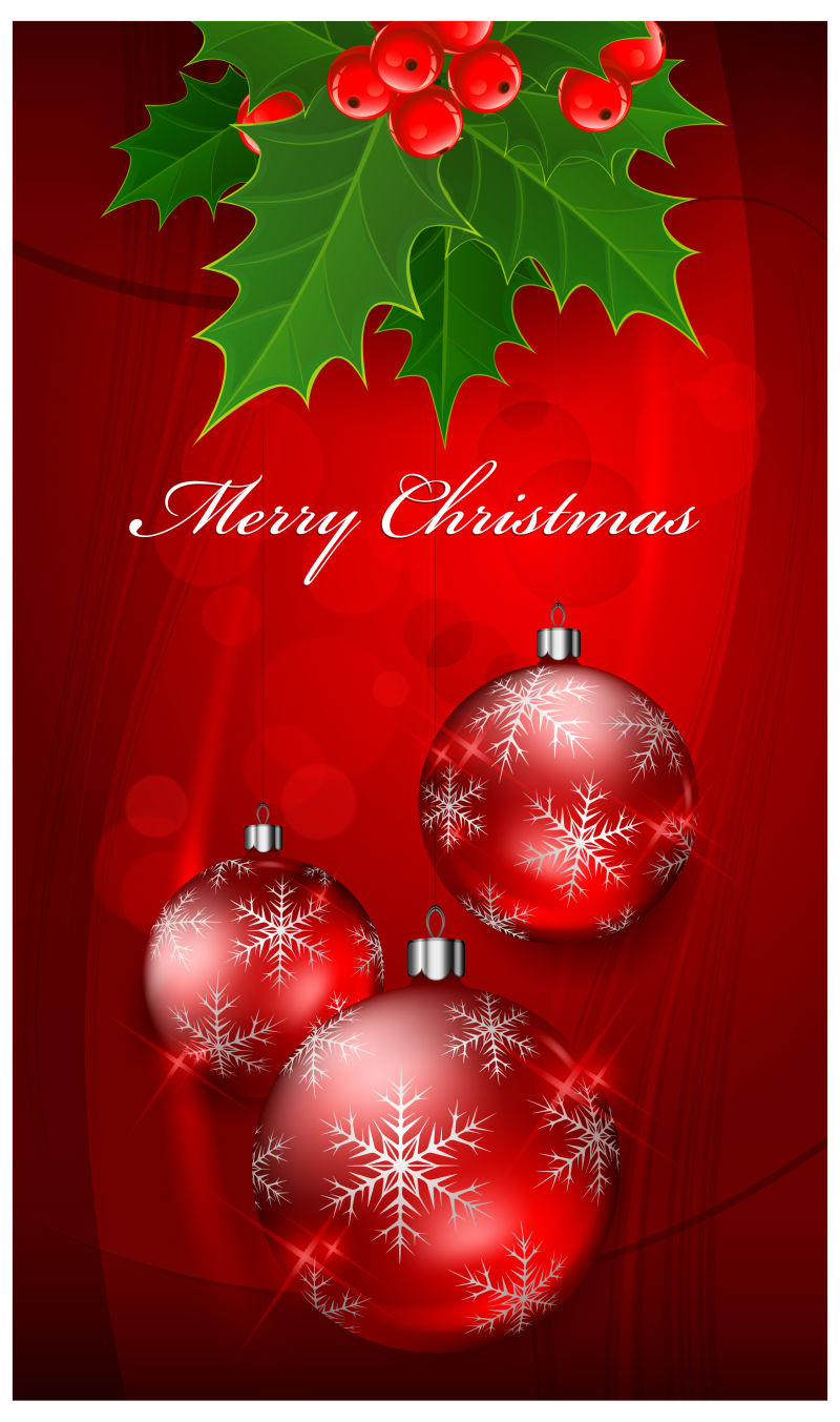 圣诞背景与球上红冬青浆果枝和文字