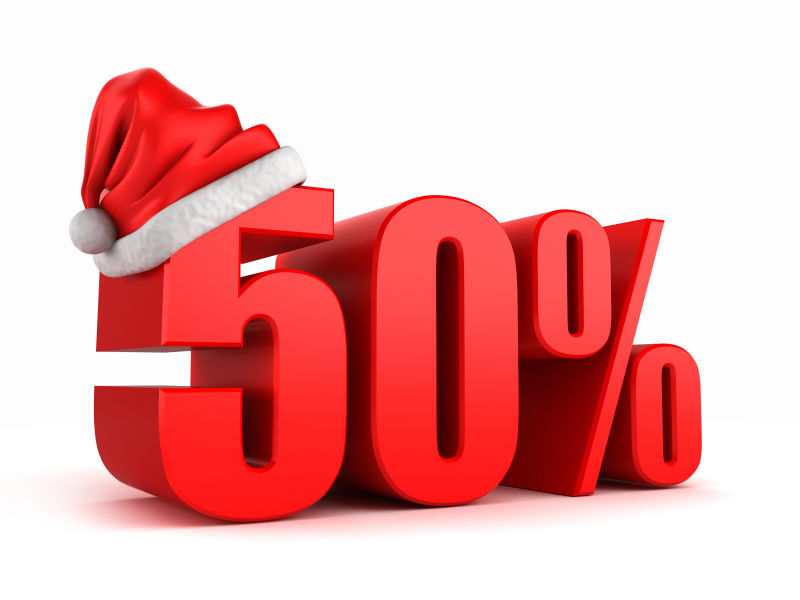 白色背景上戴圣诞帽的50%文本