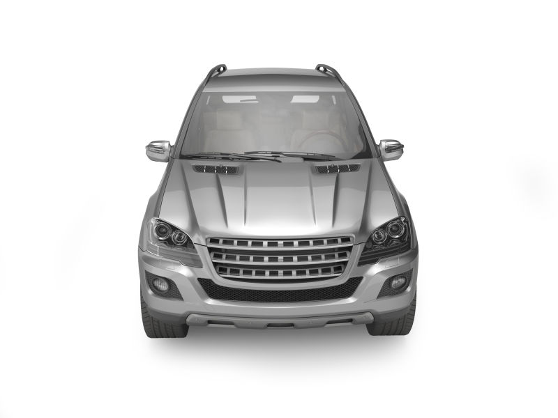 白色背景下的银色越野车模型3D前视图