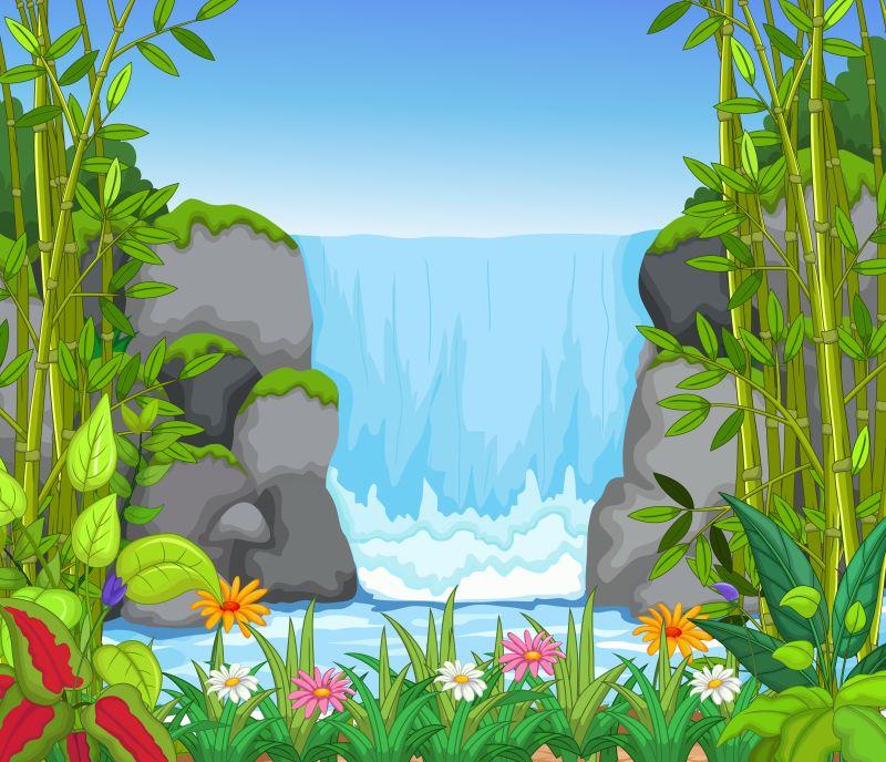 卡通绿色花草的山石瀑布