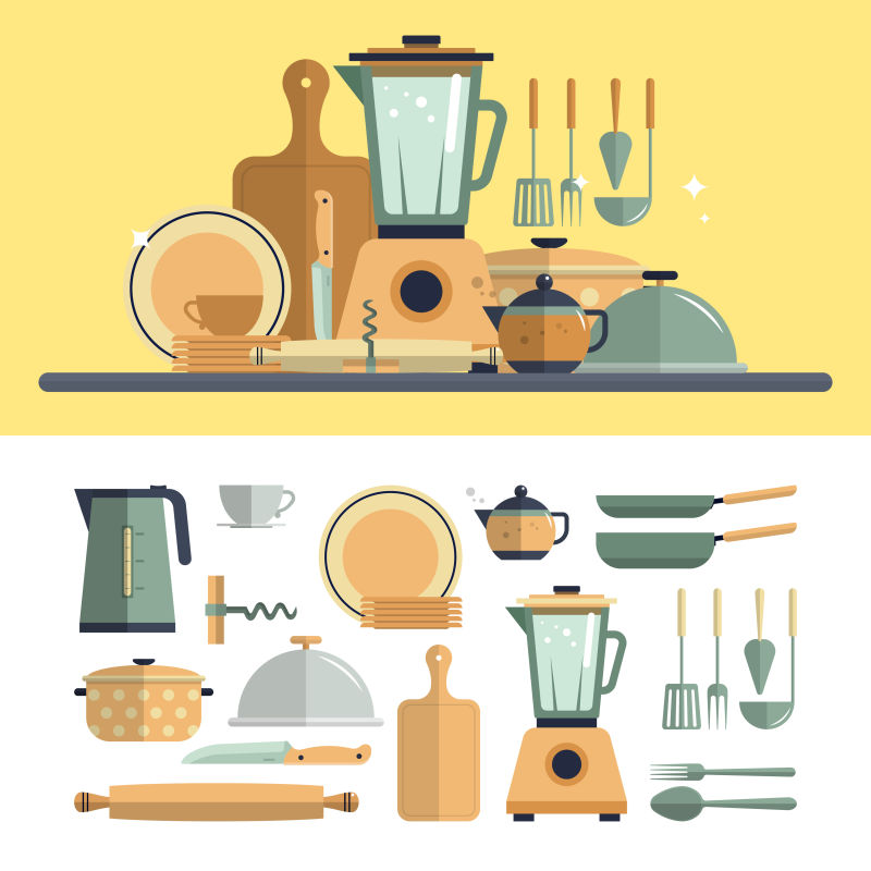 创意矢量厨房用具的平面插图