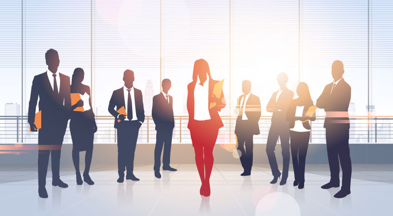 创意矢量一群成功的商人剪影平面插图