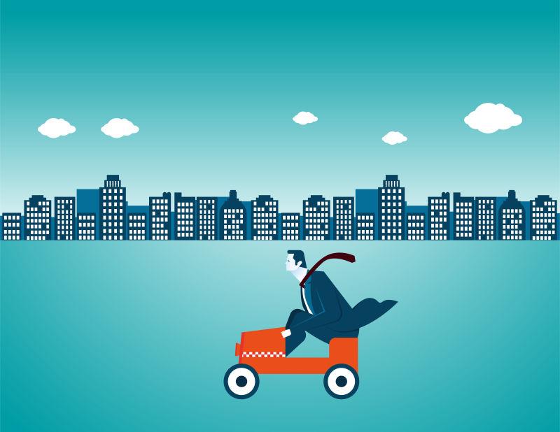 矢量商人在城里开车概念商业插图