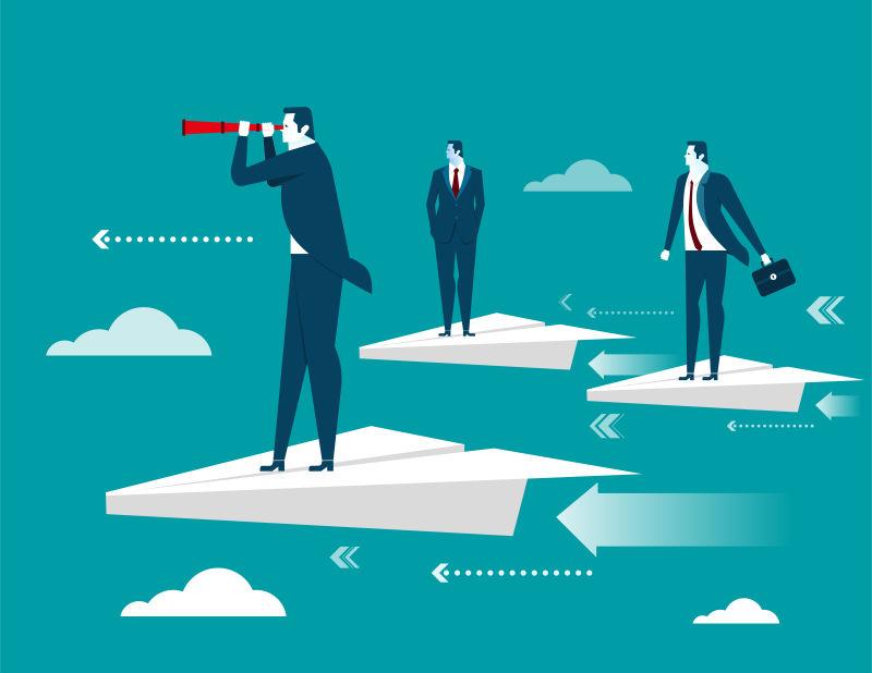 矢量商人站在纸飞机上概念商业插图