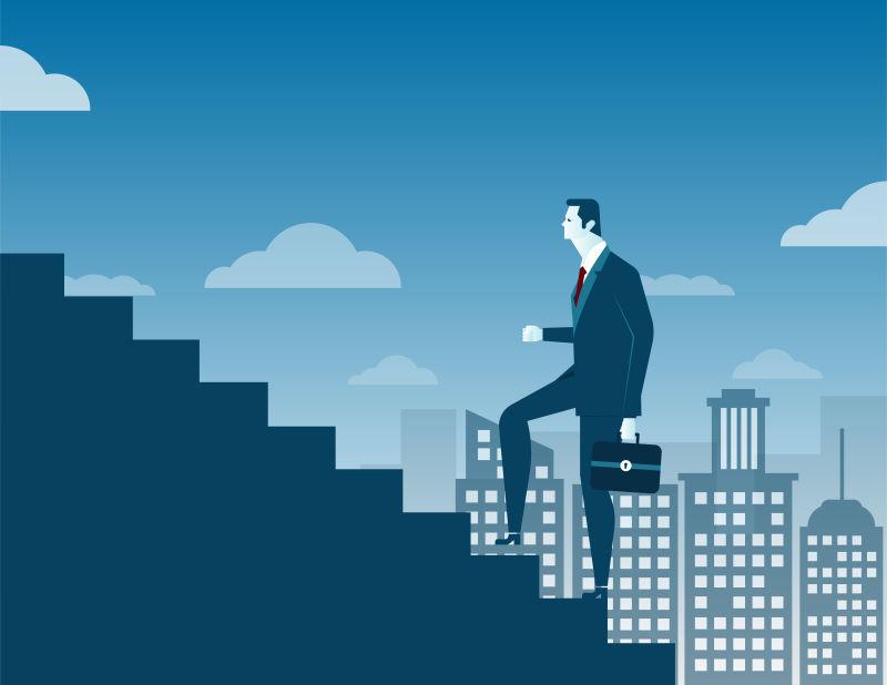 矢量在城市背景下爬楼梯的商人