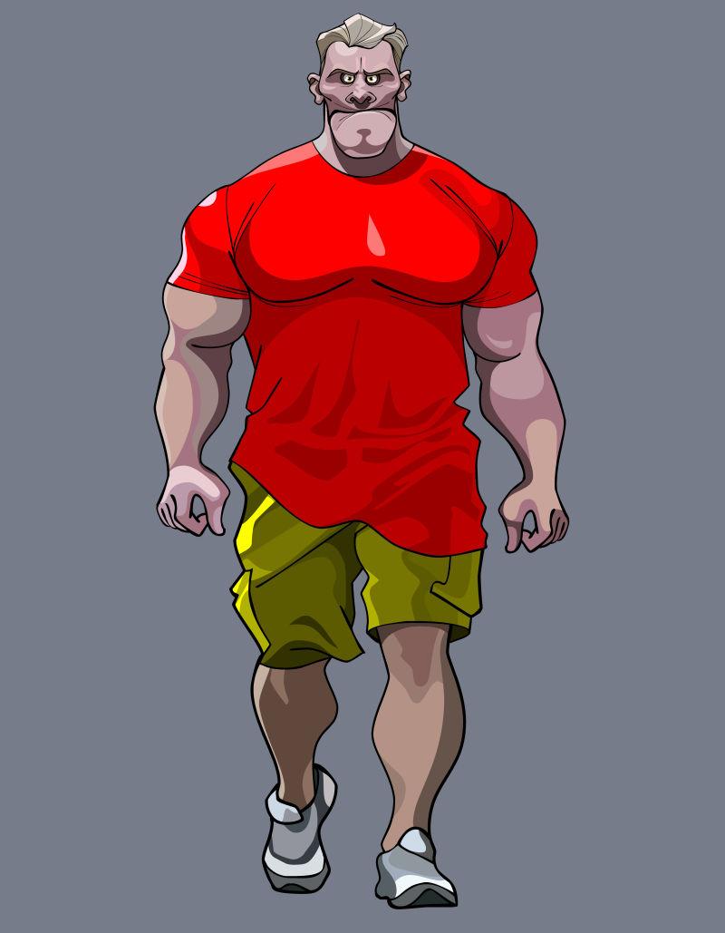 行走中的穿着红色衣服的男健身师卡通形象设计矢量