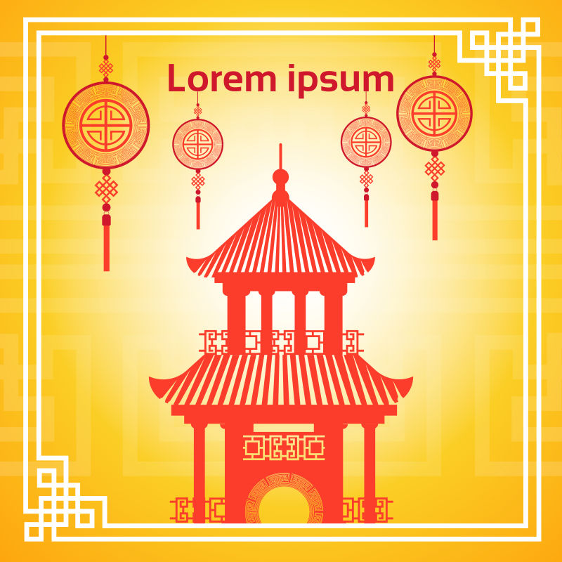 创意矢量红色中国建筑元素的装饰旗帜设计