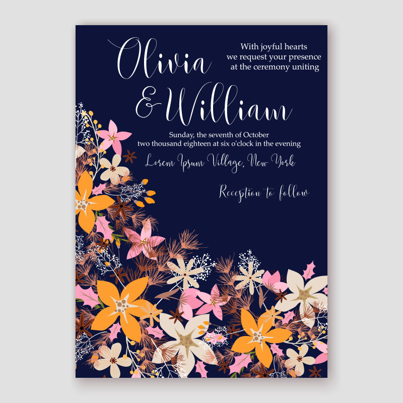 创意矢量花卉装饰的婚礼请帖设计