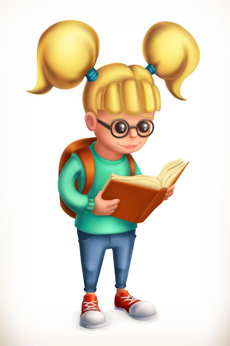 背着书包看书的可爱的小女孩卡通形象矢量设计