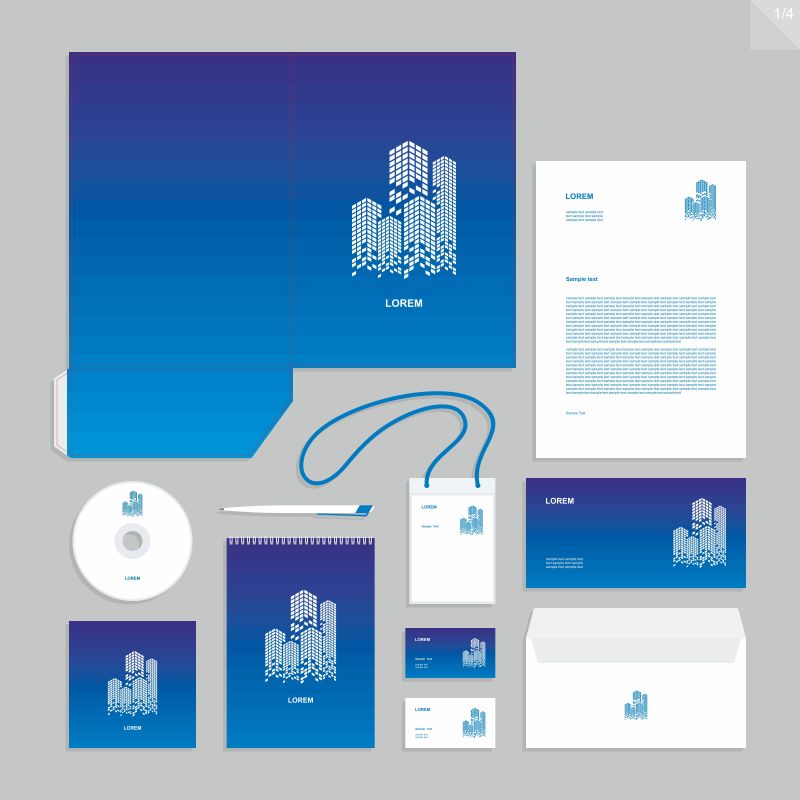 蓝色带有企业标识的办公用品设计矢量