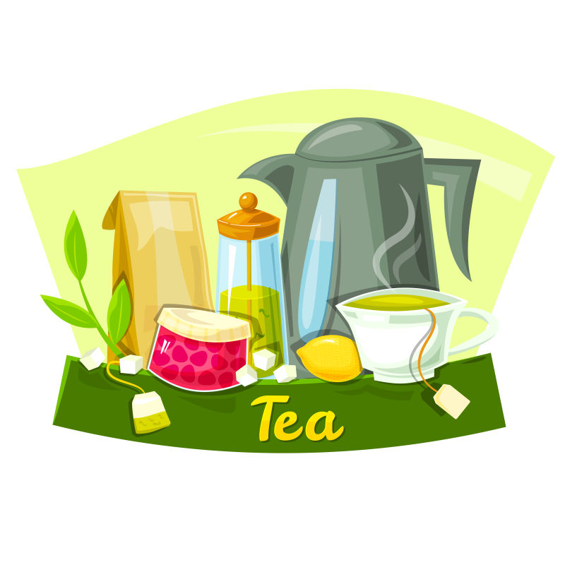 抽象矢量茶叶概念的卡通设计元素