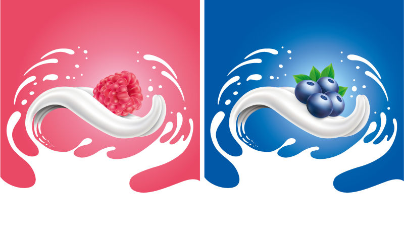抽象矢量树莓和蓝莓牛奶的插图