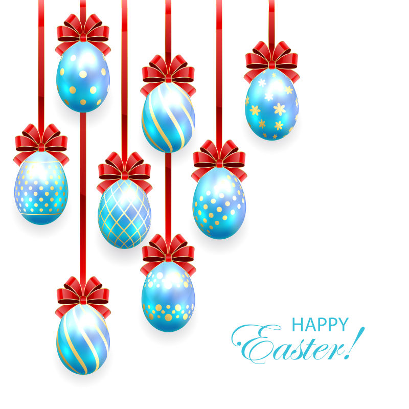 蓝色的矢量复活节彩蛋装饰图案和红色蝴蝶结