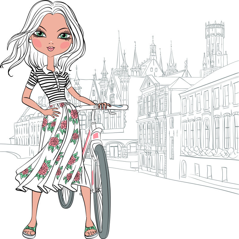 创意矢量美丽的骑自行车的时尚美女插图