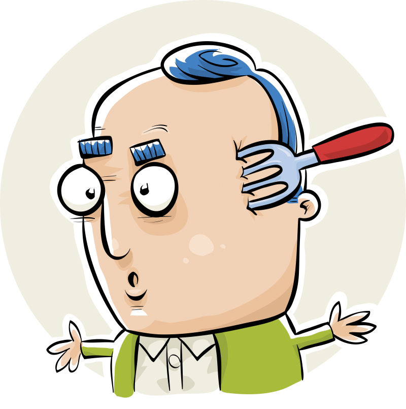 被叉子刺伤头部的卡通人物矢量设计