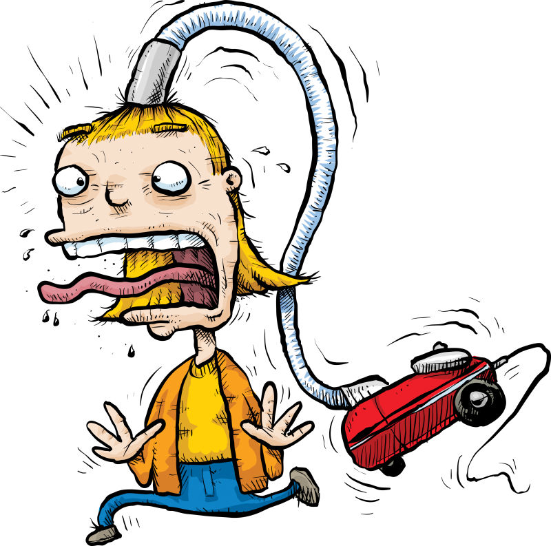 吸尘器粘在头上的女人矢量插图