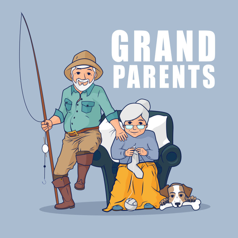坐在扶手椅上的祖父母和趴在地上的狗矢量插图