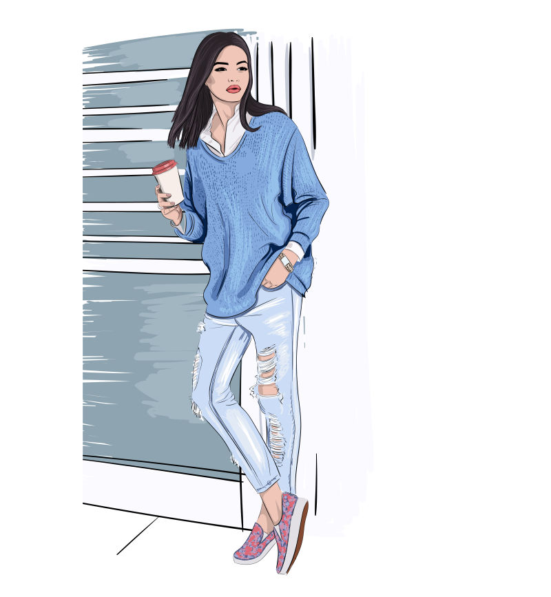 拿着咖啡的矢量美女