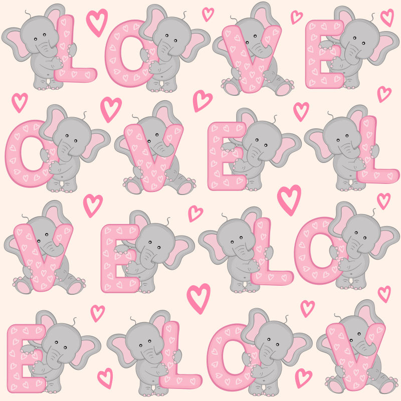抽象矢量可爱的小象元素的浪漫字母设计